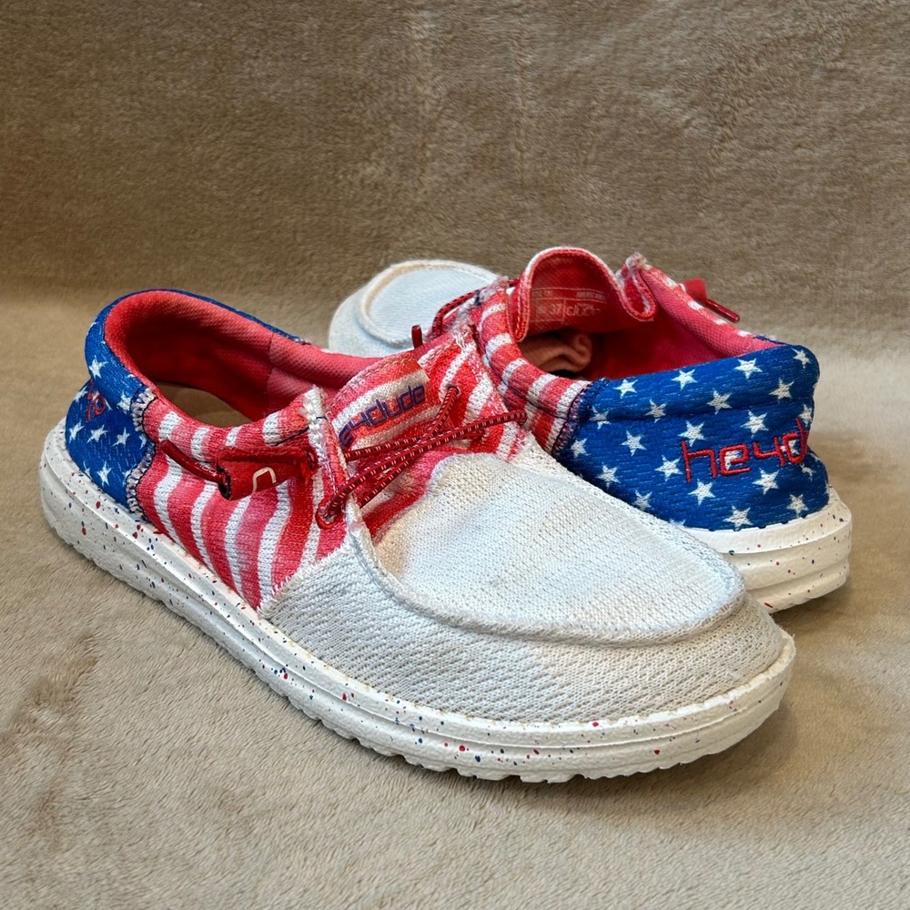 HEYDUDE Womens 6 Wendy Sox Tri Patriotic Americana Red White Blue USA Slip On